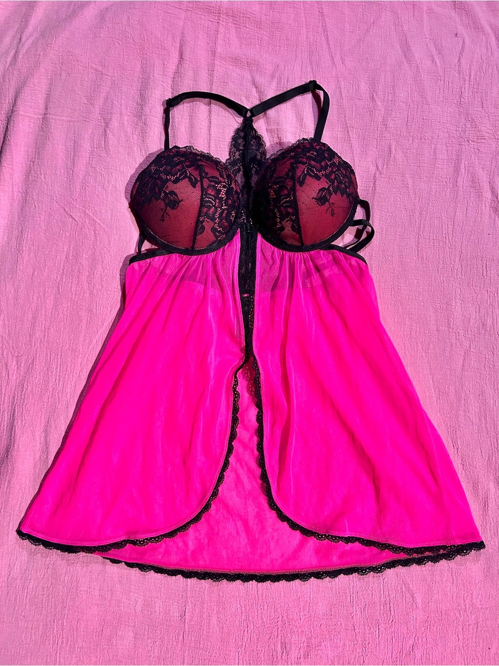 ‘La Senza’ Hot Pink and Black Lace Babydoll Front Latch Lingerie Top